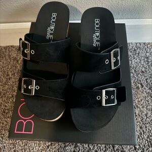Corkys Black Sandals Open-Toe Silver Buckles